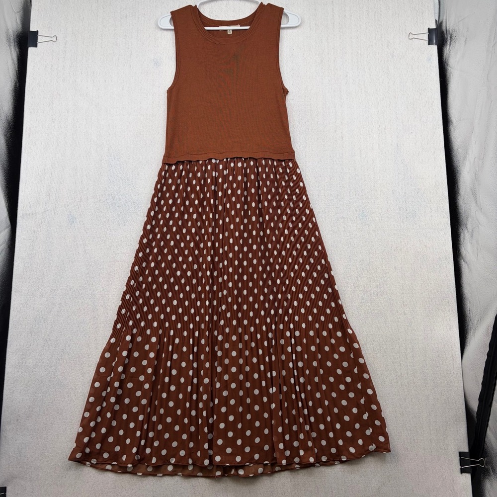 Les Serein Womens Rust Brown Polka Dot Pleated Knit Bodice Maxi Dress Small